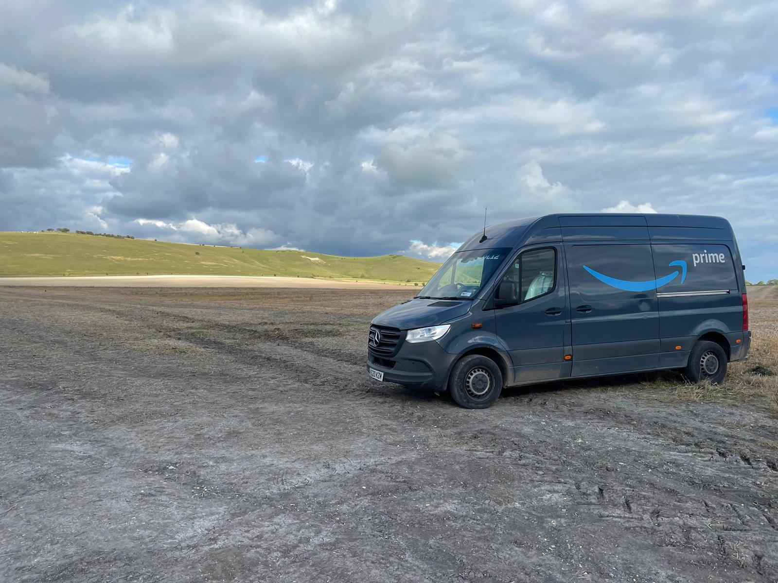 Amazon delivery van in countryside